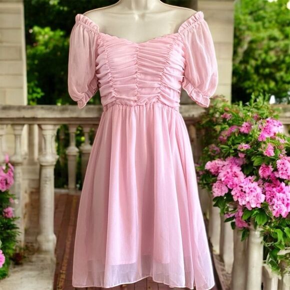 SHEIN Soft Pink Ruched Smocked Puff Sleeve Sweetheart Neck Girly Feminine Dress - Picture 1 of 6